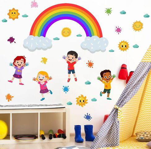 Rainbow Wall Decals Colorful Kids Wall Stickers for Classroom, Inspirational Sun Clouds Wall Decals Watercolor Splatter Sunny Art Murals for Girls Room Nursery Playroom Decorations in Kuwait