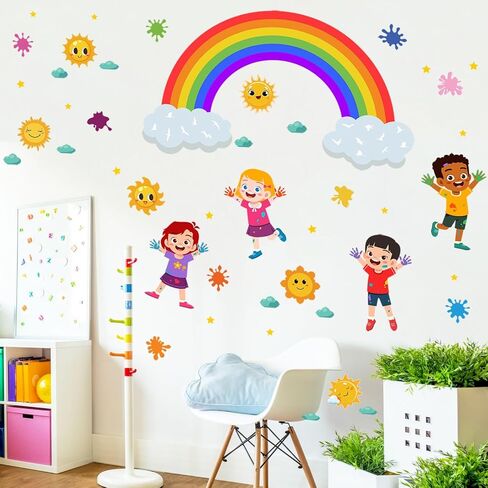 Rainbow Wall Decals Colorful Kids Wall Stickers for Classroom, Inspirational Sun Clouds Wall Decals Watercolor Splatter Sunny Art Murals for Girls Room Nursery Playroom Decorations in Kuwait