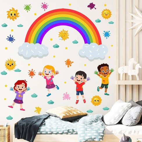 Rainbow Wall Decals Colorful Kids Wall Stickers for Classroom, Inspirational Sun Clouds Wall Decals Watercolor Splatter Sunny Art Murals for Girls Room Nursery Playroom Decorations in Kuwait