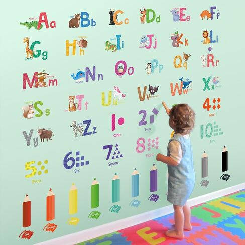 Animal Alphabet Numbers Wall Decals Peel and Stick, Self-Adhesive Vinyl Educational Wall Sticker, Wall Decor Art Home Decoration for Classroom Playroom Nursery in Kuwait