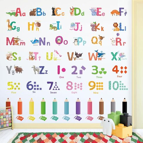 Animal Alphabet Numbers Wall Decals Peel and Stick, Self-Adhesive Vinyl Educational Wall Sticker, Wall Decor Art Home Decoration for Classroom Playroom Nursery in Kuwait