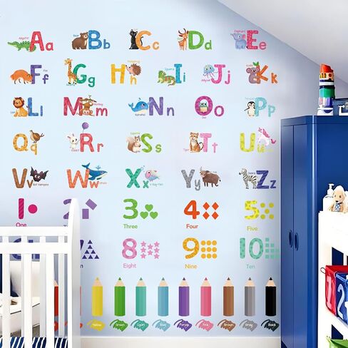 Animal Alphabet Numbers Wall Decals Peel and Stick, Self-Adhesive Vinyl Educational Wall Sticker, Wall Decor Art Home Decoration for Classroom Playroom Nursery in Kuwait