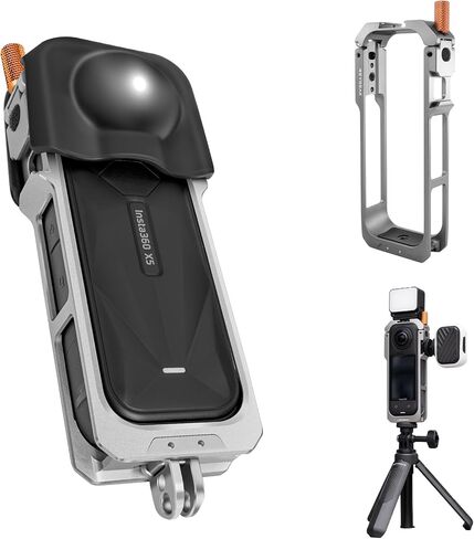 Reygeak Aluminium Cage لـ Insta360 x5 ، إطار الأداة المساعدة الواقية لـ Insta360 x5 ، حبل قاعدة إطلاق سريع مع غطاء عدسة السيليكون ، 1/4 أصابع قابلة للطي للموضوع لإكسسوارات Insta360 in Kuwait