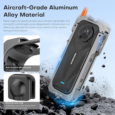 Reygeak Aluminium Cage لـ Insta360 x5 ، إطار الأداة المساعدة الواقية لـ Insta360 x5 ، حبل قاعدة إطلاق سريع مع غطاء عدسة السيليكون ، 1/4 أصابع قابلة للطي للموضوع لإكسسوارات Insta360 in Kuwait
