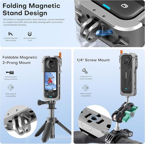Reygeak Aluminium Cage لـ Insta360 x5 ، إطار الأداة المساعدة الواقية لـ Insta360 x5 ، حبل قاعدة إطلاق سريع مع غطاء عدسة السيليكون ، 1/4 أصابع قابلة للطي للموضوع لإكسسوارات Insta360 in Kuwait