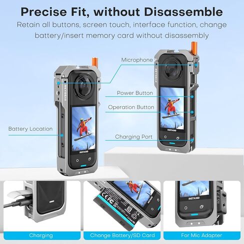Reygeak Aluminium Cage لـ Insta360 x5 ، إطار الأداة المساعدة الواقية لـ Insta360 x5 ، حبل قاعدة إطلاق سريع مع غطاء عدسة السيليكون ، 1/4 أصابع قابلة للطي للموضوع لإكسسوارات Insta360 in Kuwait