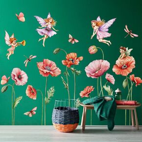 Enchanted Pink Poppy Wall Stickers Watercolor Floral Wall Decals with Fairies, Butterflies & Dragonflies - Removable DIY Peel and Stick Flower Wall Art for Girls Bedroom, Nursery, Living Room Decor