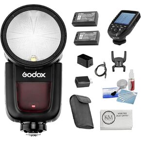 Flash Godox V1 Flash for Nikon + Godox VB26 Battery + Godox Xpron TTL Wireless Flash Trigger + Precision Design Cleaning Kit + K&M Camera Cloying Blundle