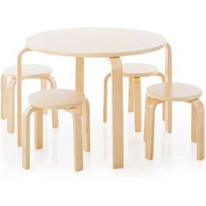 GuideCraft Nordic Table وكراسي مجموعة للأطفال: Natural - 4 براز بنتوود مع طاولة النشاط الخشبية المنحنية - المطبخ الحديث للأطفال وغرفة اللعب وأثاث الفصول الدراسية