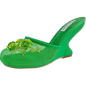 Women's Mesh Mule Slip On Sandals With Floral Sequin Embellishments Round Toe Wedge Heel Slides Slippers 4 Inch