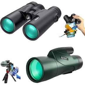 مناظير Gosky 10x42 HD للبالغين (حزمة واحدة) وحيدات Gosky Piper 12x55 (حزمة واحدة) مع محول هاتف عالمي - تلسكوبات عالية الطاقة لمشاهدة طفاري الحياة البرية لمشاهدة الطيور