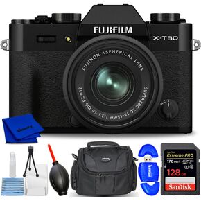 FUJIFILM X-T30 II Mirrorless Camera with XC 15-45mm OIS PZ Lens (Black) - Accessory Bundle Includes: Extreme Pro 128GB SD, Memory Card Reader, Gadget Bag, Blower. Microfiber Cloth and Cleaning Kit