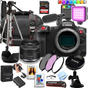 Canon EOS R5 C كاميرا كاملة الإطار مع عدسة 24-50 مم + 128 جيجابايت بطاقة متطرفة + حالة + ميكروفون + RGB ضوء الفيديو + ترايبود + المزيد (حزمة Content Creator) (متجدد)