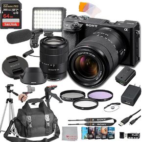 Sony a6400 Mirrorless Camera with 18-135mm Lens 64GB Extreem Speed Memory,Videl Microphone, LED Video Light, Case. Tripod, Filters, Hood, Grip, & Professional Video & Photo Editing Software Kit