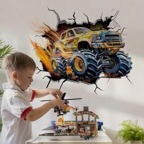 Runtoo Monster Truck Wall Stickers for Boys Room 3D Racing Car Vehicles Wall Decals Kids Bedroom Playroom Wall Decor