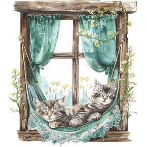 BooDecal 19.6 x 22.4 inches Cute Lazy Cats Fake Wooden Window Removable Wall Decals Flowers Wall Stickers for Childrens Playroom Nursery Bathroom
