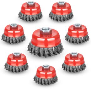 Wire Cup Brush for Angle Grinder, 8 Pack 3 inch Wire Cup Brush for Grinders, 5/8 Inch-11 Threaded Arbor, Twisted Knotted Wire Brush for Heavy Cleaning Rust, Stripping and Abrasive