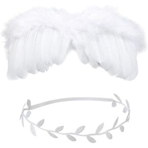 2Pcs/Set Newborn Photo Props,Cute Newborn Angel Feather Wings with Baby Girl Leaves Headband Unisex Hair Accessories for Infant Photography Props