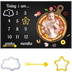 CSFOTO Funny Baby Monthly Milestone Blanket Delicious Pizza Themed Newborn Photography Props Neutral Personalized Newborn Growth Record Blanket 60 "x40 with Frames