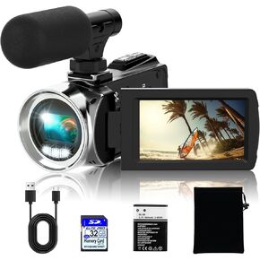 كاميرا كاميرا كاميرا الفيديو FHD 2.7K 36MP كاميرا VLOGGAGENT لمسجل فيديو على YouTube 3.0 "270 درجة كاميرات فيديو للتناوب للتصوير مع الميكروفون وبطاقة SD 32 جيجابايت وبطاريتين (أسود)