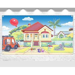Cartoon Dog House Backdrop, Blue Sky Birthday Photography Background for Parties, Happy Birthday Photo Booth Prop Decorations 7x5 FT