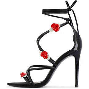 sexytag Floral Ankle Strappy Lace Up Stiletto Heeled Sandals Open Toe Rose Flower Party Wedding Date Dress Shoes