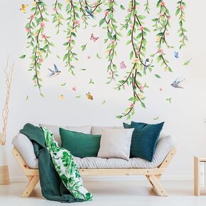 Green Plant Leaves Wall Decals Hanging Vine Wall Stickers Green Leaf Flower Birds Wall Decal Peel and Stick DIY Removable Vinyl Art Murals for Nursery Kids Bedroom Living Room