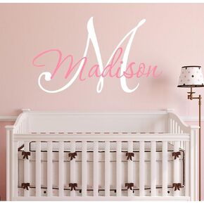 Decor Designs Decals Baby Girls Personalized Custom Nursery Name and White Initial Wall Decal Sticker Kids Bedroom Decor (Choose Your Size), Plus Free Hello Door Decal (White Initial)
