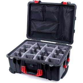 Pelican Color Case Black Pelican 1560 case, with red Handles & latches. Comes with Grey Padded dividers & lid Organizer.