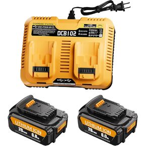 2Pack 20 Volt 6.0AH بطارية ليثيوم أيون مع استبدال الشاحن لبطارية DEWALT 20V MAX وشاحن COMBO DCB206 DCB205 DCB200 DCB203 DCB105 متوافق مع أدوات الطاقة DEWALT 20 فولت 20 فولت