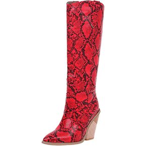 Lizoleor Women Fashion Pointed Toe Knee High Wedge Cowboy Boots