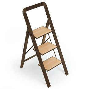 3 - Step Folding Ladder for Adults - Wide Anti - Slip Pedals, Lightweight Aluminium, 580 Lbs Capacity(Brown)