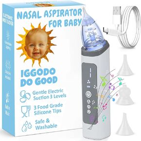 Nasal Aspirator for Baby - Rechargeable Baby Nose Sucker with 3 Soft Silicone Tips - Electric Nasal Aspirator for Toddler with Adjustable Suction, Soothing Music & Light Function