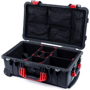 Black Pelican 1510 case with Red Handles and Latches. Comes with Trekpak Divider System and mesh lid Organizer.