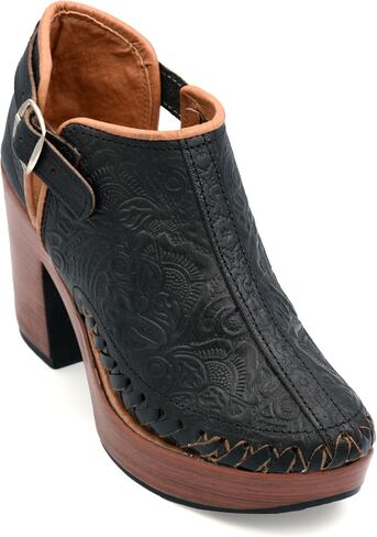 Mexican Engraved Genuine Leather Ankle Boots with Strap for Women - Model 490 (8, Brown) in Kuwait