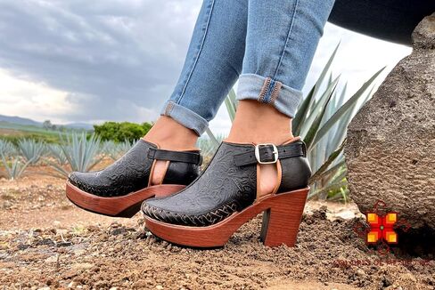Mexican Engraved Genuine Leather Ankle Boots with Strap for Women - Model 490 (8, Brown) in Kuwait