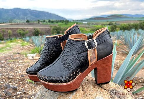 Mexican Engraved Genuine Leather Ankle Boots with Strap for Women - Model 490 (8, Brown) in Kuwait