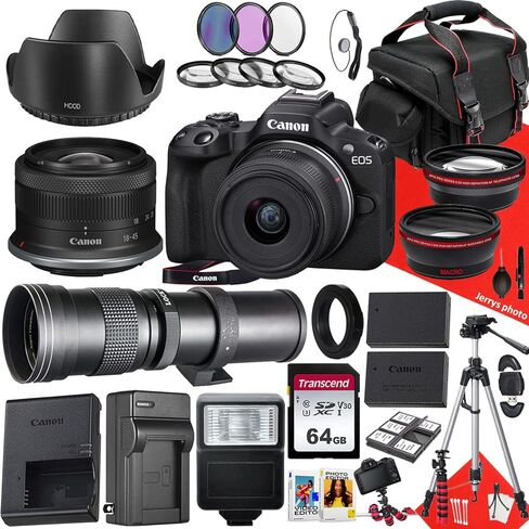 Canon EOS R50 كاميرا بدون مرآة مع RF-S 18-45mm f/4.5-6.3 هي STM و 420-800mm f/8.3 HD Telephoto Zoom Lens + 64 GB Memory + Filters + Tripod + More (30pc Bundle) (متجددة) in Saudi Arabia