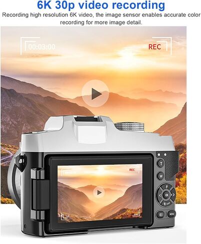 6K 84MP كاميرا رقمية للتصوير الفوتوغرافي ، كاميرا مدونة محمولة مع تكبير 18x ، نقطة ضبط تلقائية التلقائي وتصوير كاميرات WiFi مع فلاش شاشة 3 بوصة 180 درجة للسفر (أسود) in Kuwait