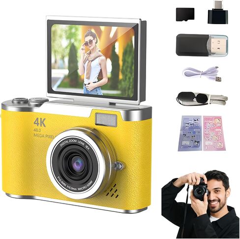 4K Digital Camera for Photography - 4K Foldable Screen Student Camera with 3" 180°Flip Screen, 64MP Vlogging Camera for YouTube, 18X Digital Zoom Point, 32GB Micro SD Card for Beginner (Black) in Saudi Arabia