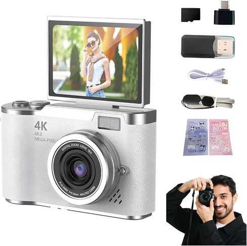 4K Digital Camera for Photography - 4K Foldable Screen Student Camera with 3" 180°Flip Screen, 64MP Vlogging Camera for YouTube, 18X Digital Zoom Point, 32GB Micro SD Card for Beginner (Black) in Saudi Arabia