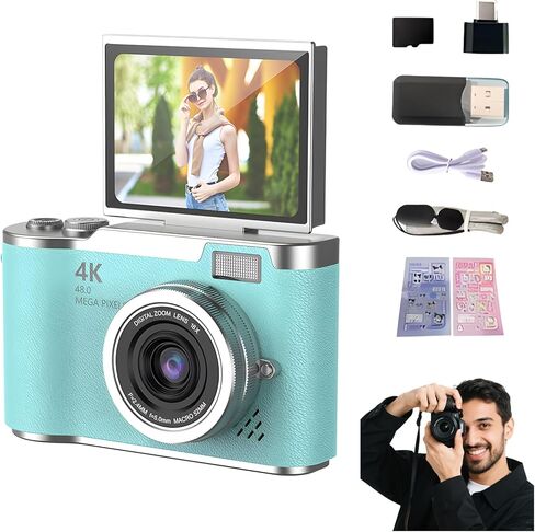 4K Digital Camera for Photography - 4K Foldable Screen Student Camera with 3" 180°Flip Screen, 64MP Vlogging Camera for YouTube, 18X Digital Zoom Point, 32GB Micro SD Card for Beginner (Black) in Saudi Arabia