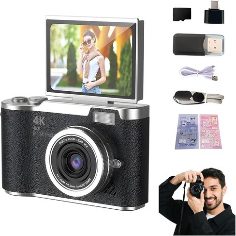 4K Digital Camera for Photography - 4K Foldable Screen Student Camera with 3" 180°Flip Screen, 64MP Vlogging Camera for YouTube, 18X Digital Zoom Point, 32GB Micro SD Card for Beginner (Black) in Saudi Arabia