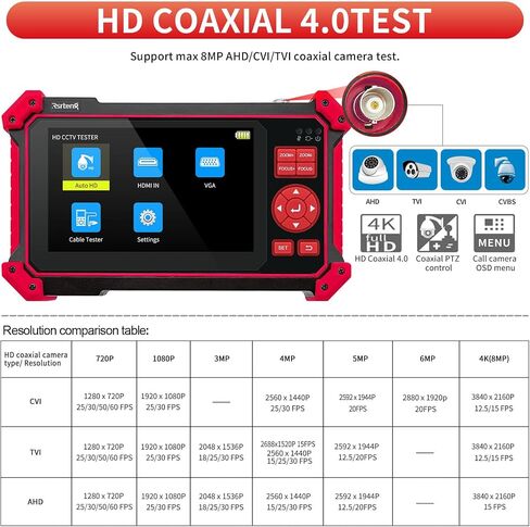 Rsrteng CCTV Tester Monitor Auto HD Coaxial Camera Tester 4K 8MP TVI/CVI/AHD/CVBS Analog Video Monitor 4.3 inch TFT-LCD Screen PTZ Control RS485 Call OSD Menu Audio DC12V Power Output in Saudi Arabia
