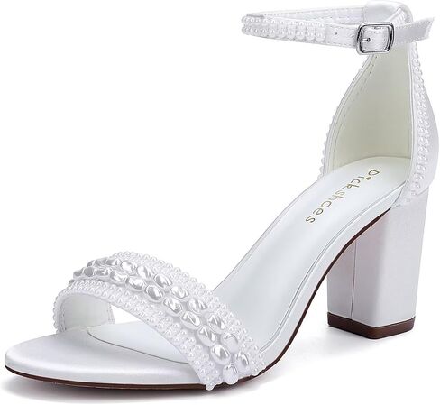 Block Heel Wedding Shoes for Bride Pearl Heels Ankle Buckle Strap Bridal Shoes in Saudi Arabia