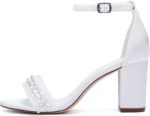 Block Heel Wedding Shoes for Bride Pearl Heels Ankle Buckle Strap Bridal Shoes in Saudi Arabia