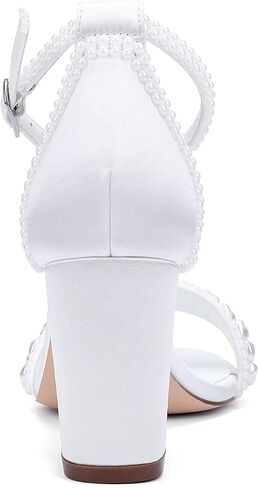 Block Heel Wedding Shoes for Bride Pearl Heels Ankle Buckle Strap Bridal Shoes in Saudi Arabia