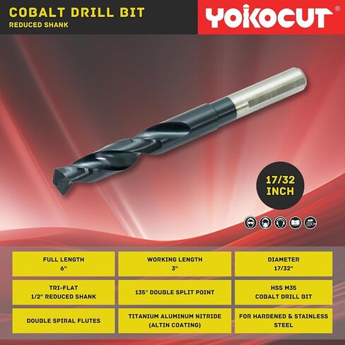 17/32 Inch Cobalt Drill Bit | Reduced Shank High Speed Steel | 17/32 Drill Bit for Stainless Steel and Hardened Metal | HSS M35 Titanium Aluminum Nitride Coating with 1/2" Shank in Saudi Arabia