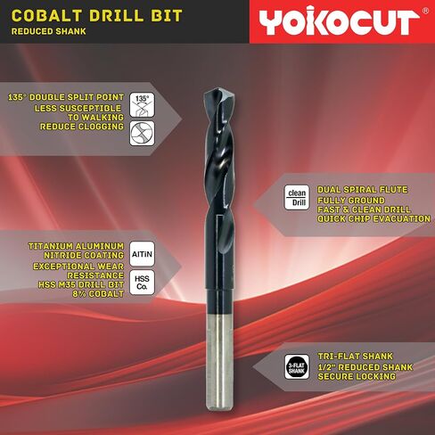 17/32 Inch Cobalt Drill Bit | Reduced Shank High Speed Steel | 17/32 Drill Bit for Stainless Steel and Hardened Metal | HSS M35 Titanium Aluminum Nitride Coating with 1/2" Shank in Saudi Arabia