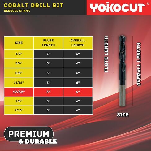 17/32 Inch Cobalt Drill Bit | Reduced Shank High Speed Steel | 17/32 Drill Bit for Stainless Steel and Hardened Metal | HSS M35 Titanium Aluminum Nitride Coating with 1/2" Shank in Saudi Arabia